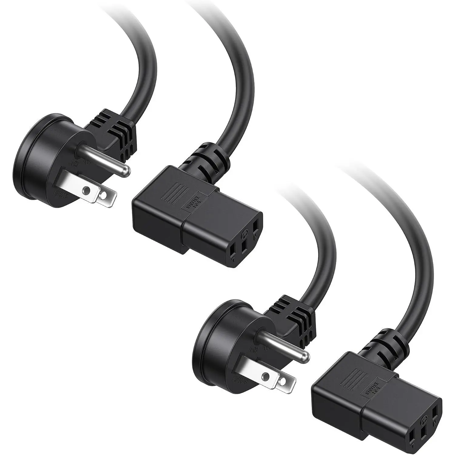 2-Pack 16 AWG Low-Profile Right Angle Power Cord (16awg cable), 6ft, 13A/125V, NEMA 5-15P to IEC C13, SJT Jacket