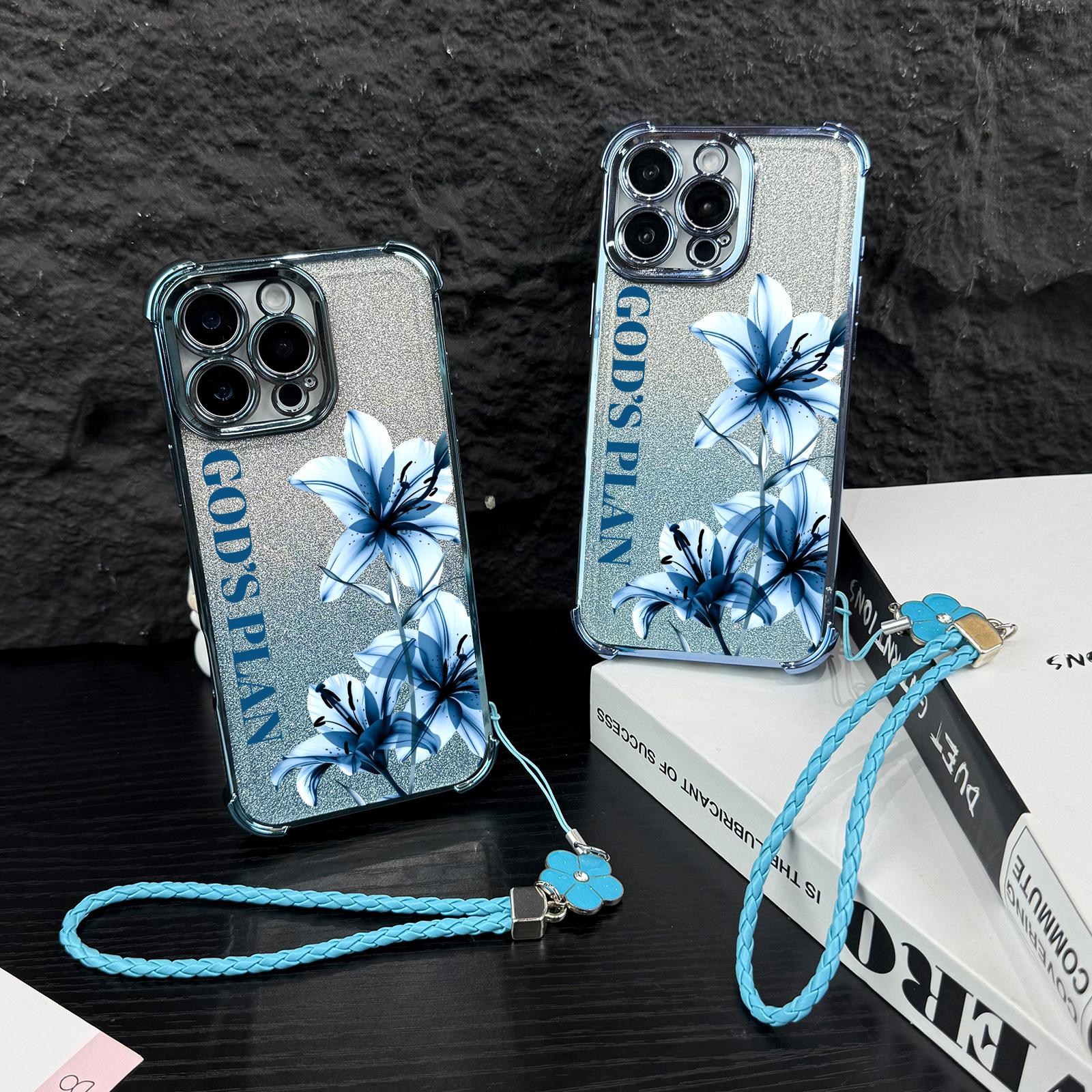 Elegant Blue Floral God's Plan Case For iPhone Samsung Galaxy 17Pro Max Air 16 15Plus 14 13 12 11 XR XS S25 S24 S23 S22 Sparkly Glitter Inlay Electroplated Corner Protection With Portable Strap Accessory NN124