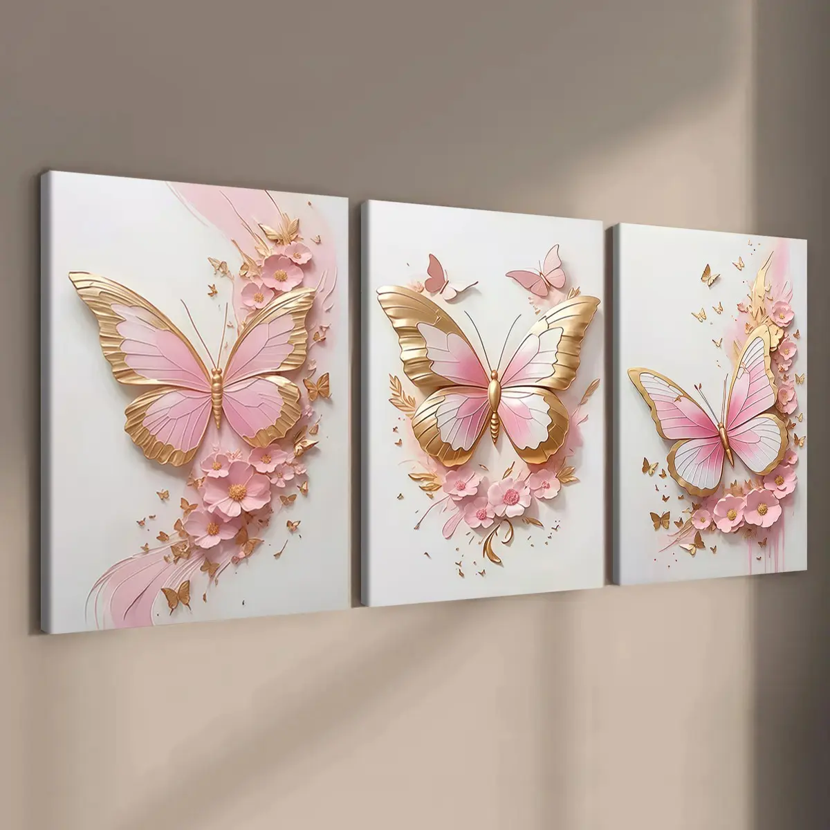 3-count wooden frame canvas, pink and gold butterfly flower three-piece decorative poster, perfect living room and bedroom decoration, fashionable family poster, modern wall art