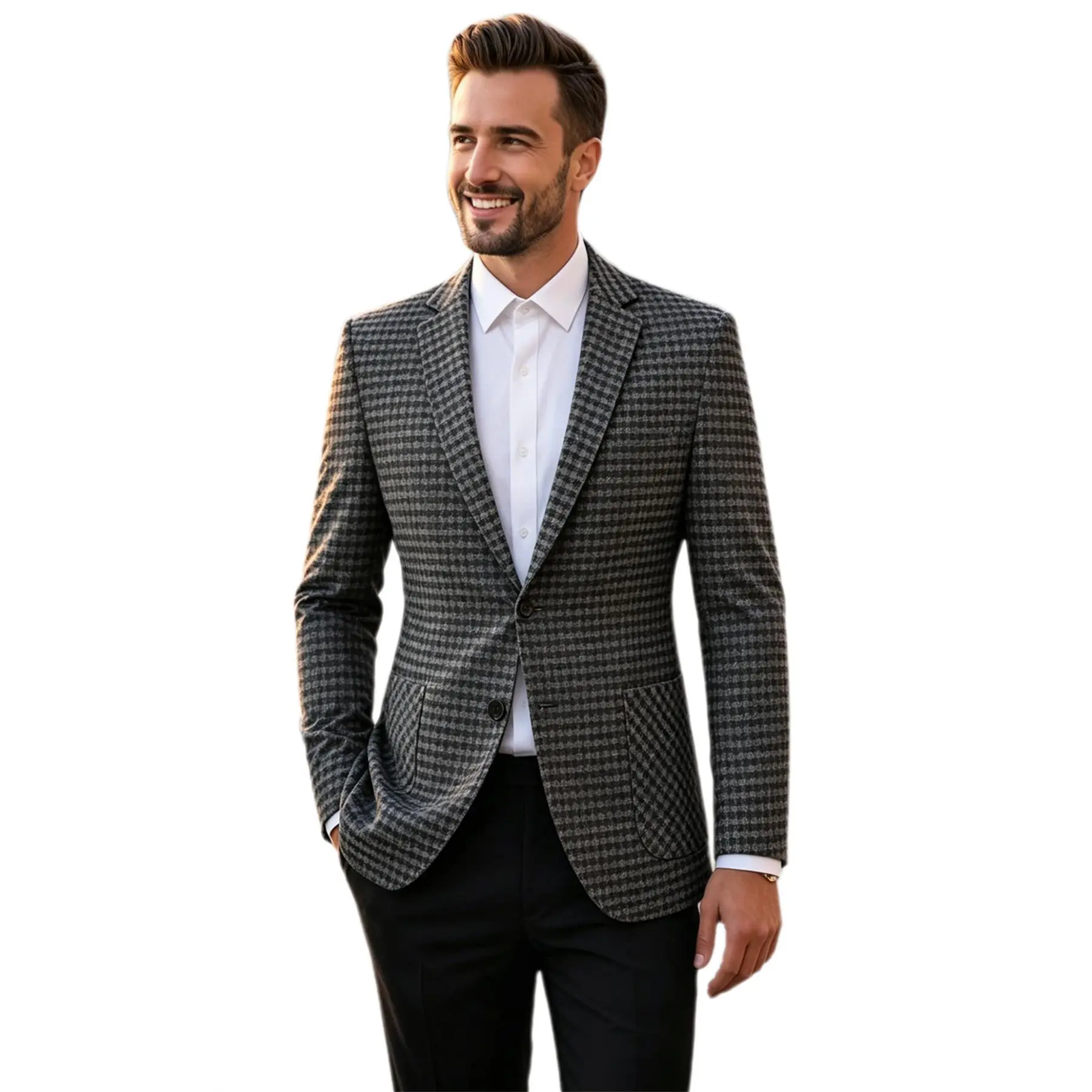 All Season Houndstooth Plaid Slim Blazer Jacket, Two Button Classic Business Casual Outerwear, Versatile Gentleman Outfit for Dating & Autumn Celebration Events