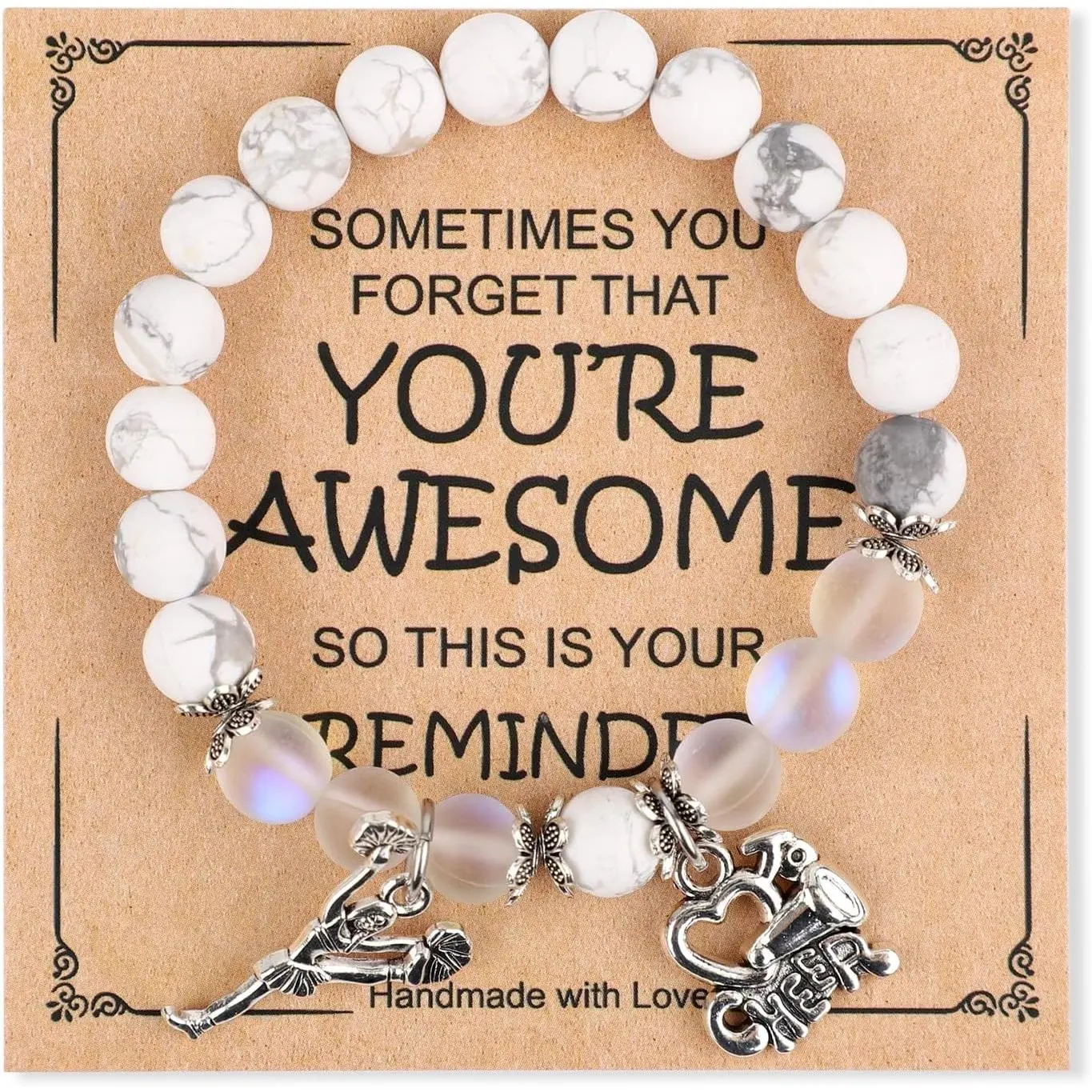 Cheerleading Charm Beaded Bracelet with Encouragement Card, Cheer Team Gift Jewelry for Cheerleaders