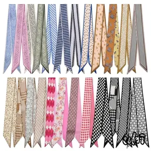 Twenty Four Pieces Fade Resistant Silk Textured Multipurpose Fabric Accessory Set In Assorted Prints, 38.6x2.7in Size Scarves Designed As Neck Wrap, Headband And Bag Trim For Womens Everyday Casual Summer Outfit Matching