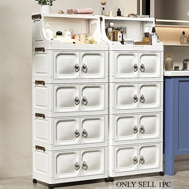 3/4/5/6 layers of foldable storage boxes with wheels, multifunctional stackable storage cabinets with handles, household plastic storage containers/shelves with magnetic double doors for easy assembly, Movable Storage, Mobile Rolling Cabinet