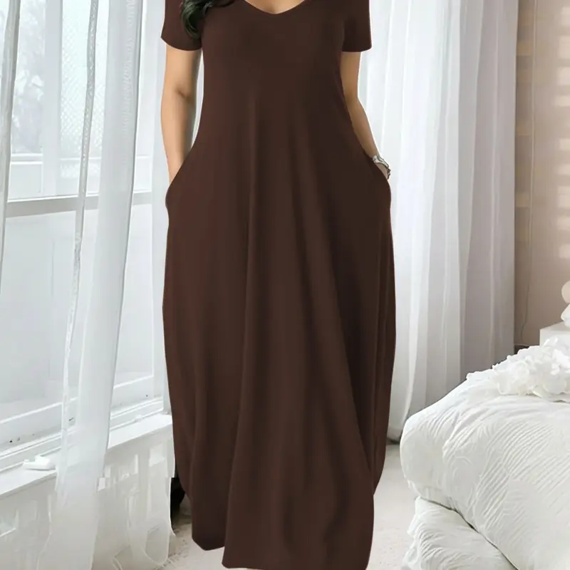 Women's Long Coffee Color Dress, Casual Fitted Style, Large Round Neck Short Sleeve Pocket Sleepwear, Soft Fabric All Seasons Wear, Pajama Dresses