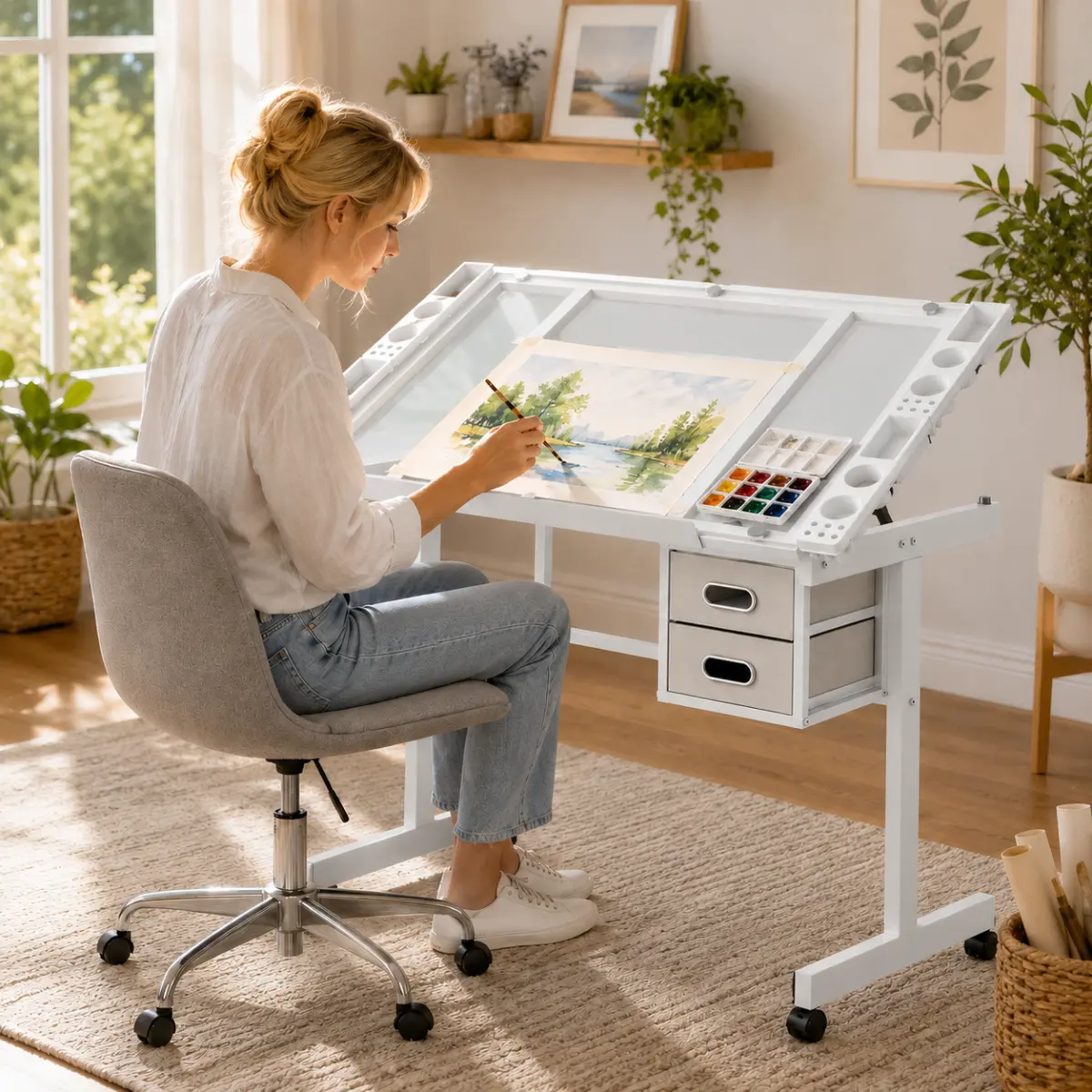 Modern Rectangular Adjustable Height Art Drawing Desk Craft Station - Glass+Metal Commercial Office Furniture with 2 Fabric Drawers and 4 Wheels (White)