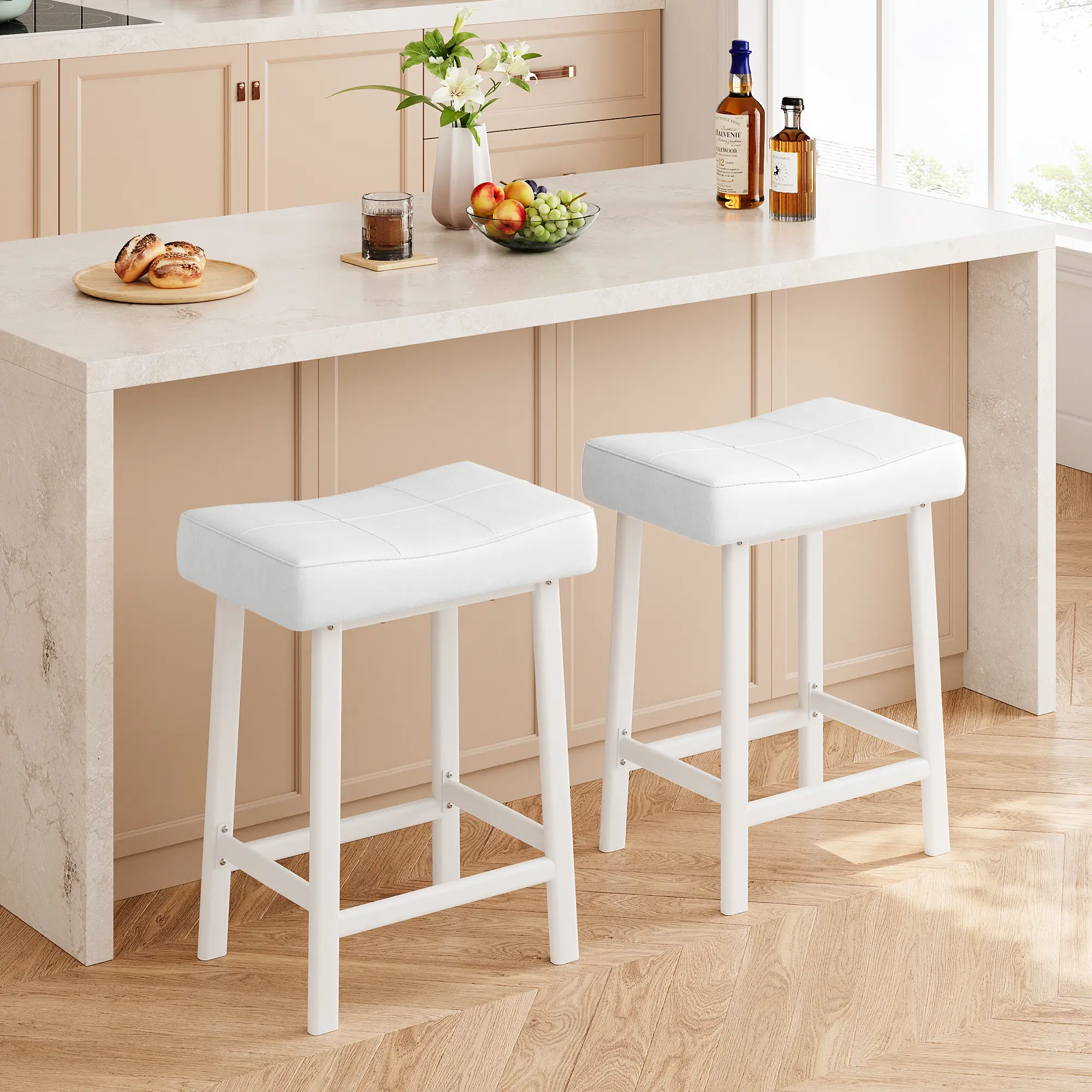 24 in Counter Height Bar Stools Set of 2, Modern Bonded Leather Kitchen Stools with 2.4 in Thick Saddle Seats for Kitchen Island, Dining Room & Home Bar