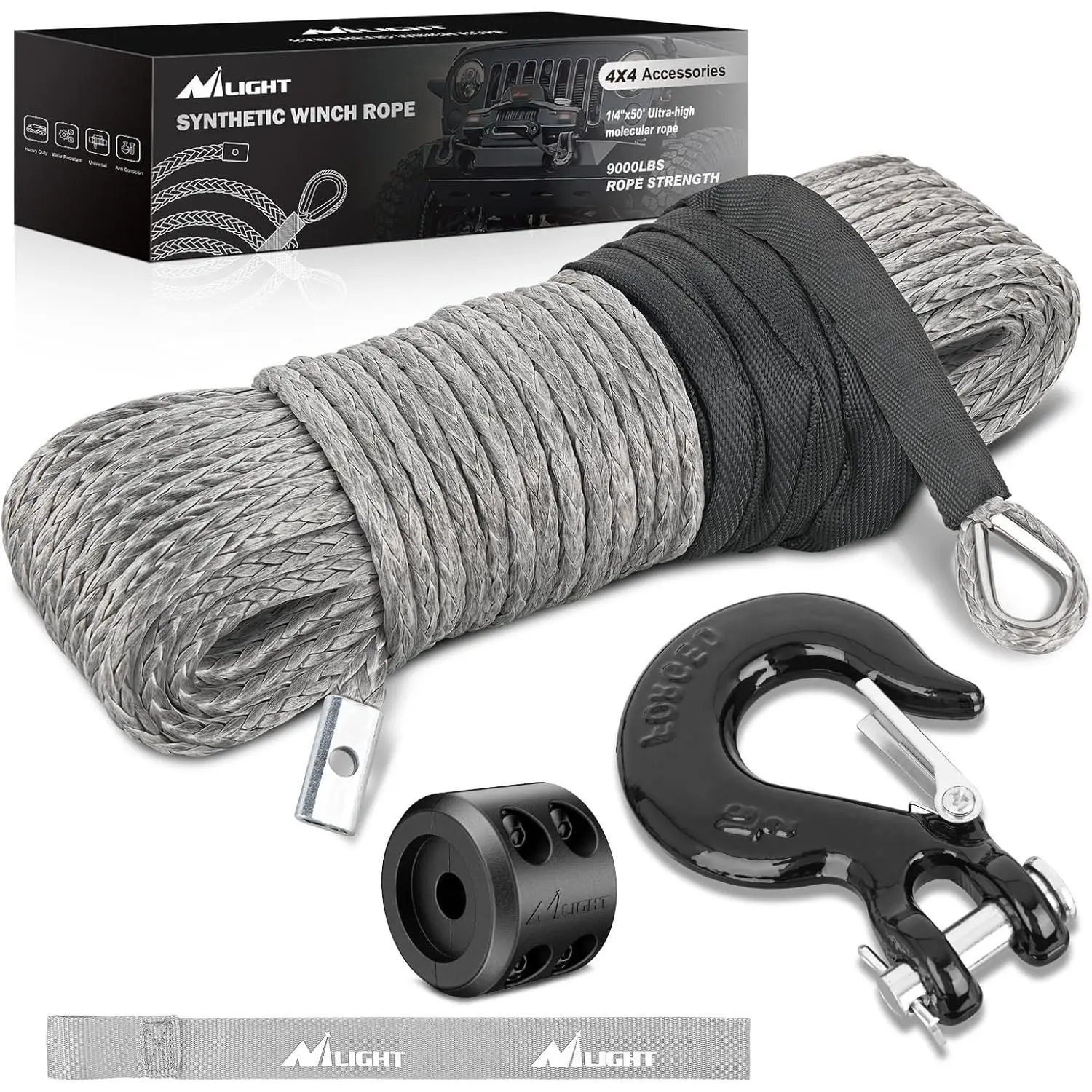 Nilight 1/4 Inch x 50 Feet Synthetic Winch Line Cable Universal for ATV UTV 4x4 Off-Road   9000 lbs Winch Line Ropes with Steel Hook Rubber Stopper Protective Sleeve Safety Strap, Grey