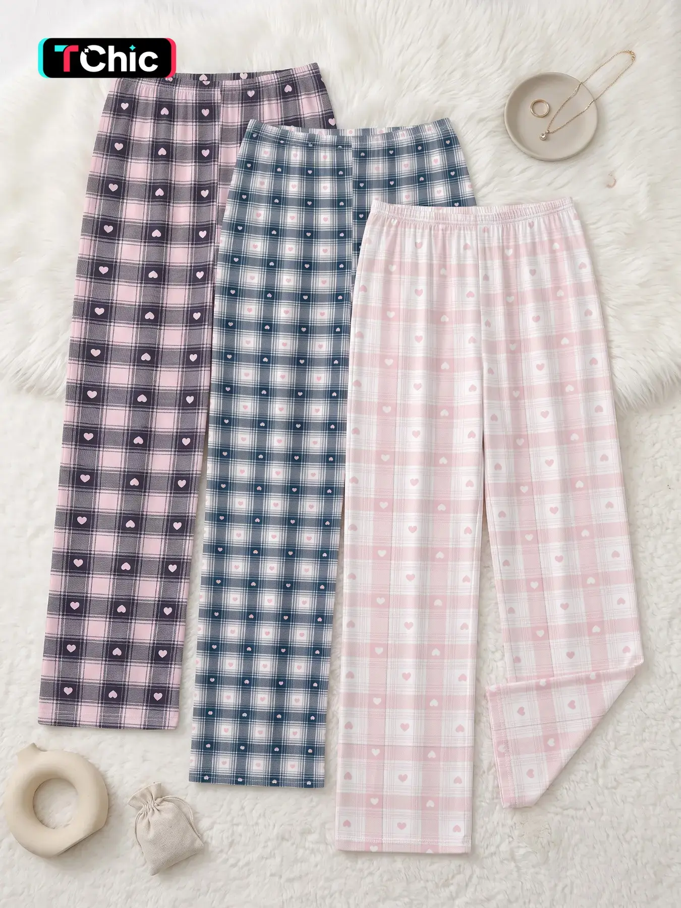 Women's 3-Pack Long Sleep Pants, Casual Comfortable Pajama Bottoms, Plaid Heart Print, Spring Summer Fall Winter Wear