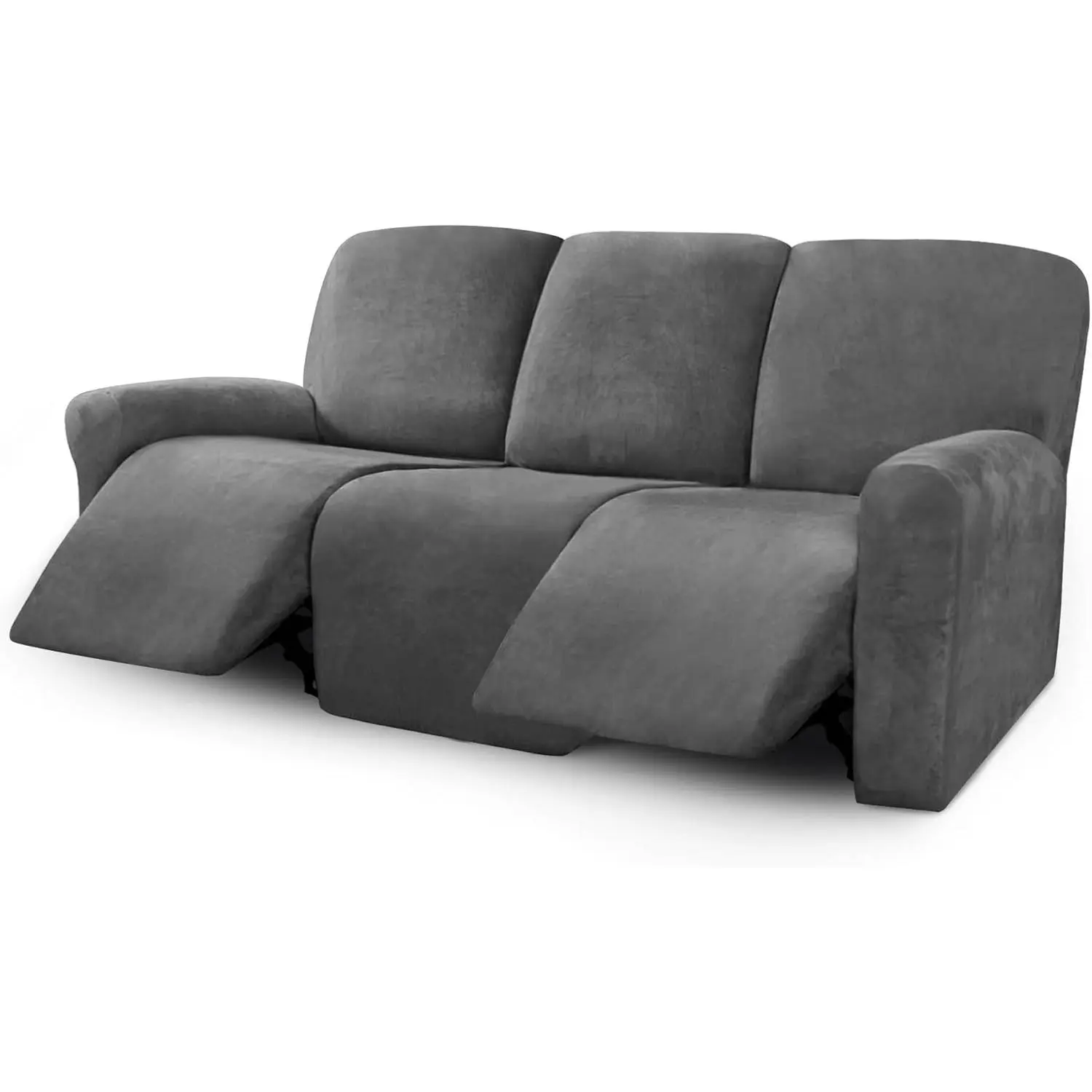 Velvet 8-Pieces Stretch Recliner Sofa Covers, Reclining Couch Covers for 3 Cushion Reclining Sofa, Thick Soft Washable Furniture Slipcovers for 3 Seater Recliner, Dark Gray