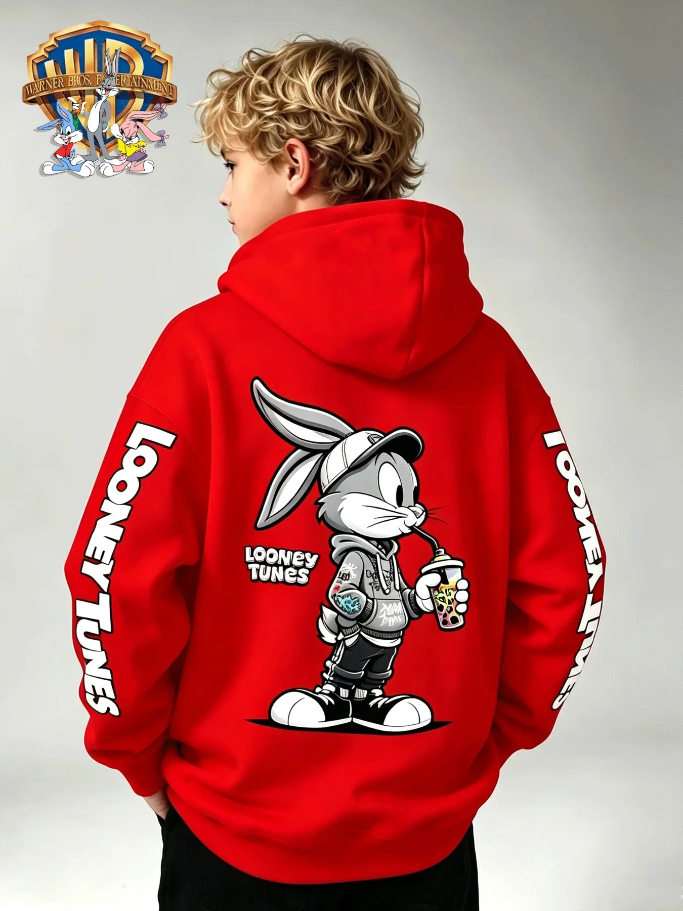 Loose-Fit Hooded Sweatshirt, Looney Tunes Bugs Bunny Print, Long Sleeve, Casual Fall & Winter, Unisex Kids Jacket, Graphic Hoodies