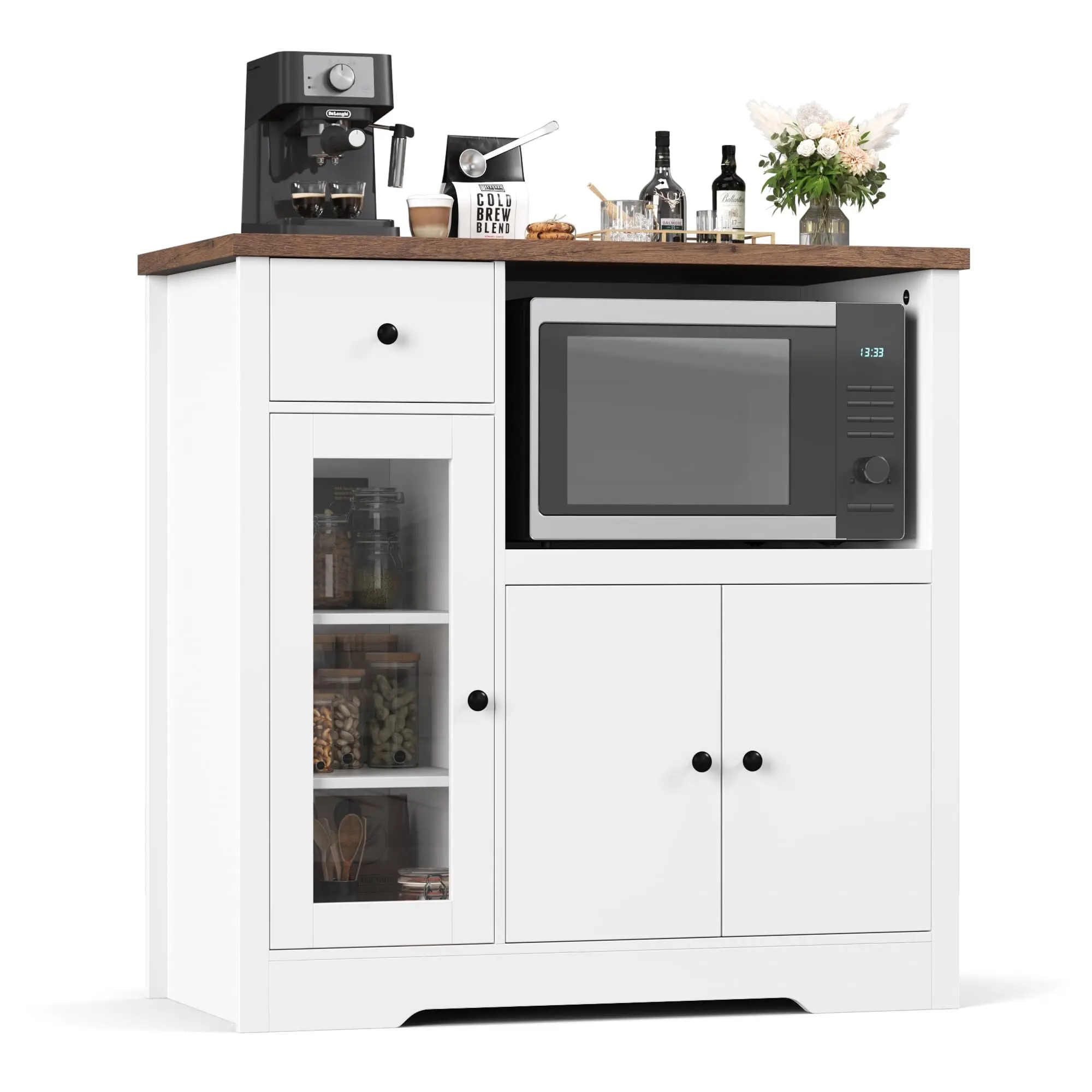 White Modern Kitchen Microwave Cabinet - Wood Buffet Sideboard with Glass Doors, Drawer & Adjustable Shelf, Durable Storage Hutch with Display & Access, All Hardware Included, Easy Setup Assembly Required for Dining Room Cafe