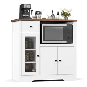 White Modern Kitchen Microwave Cabinet - Wood Buffet Sideboard with Glass Doors, Drawer & Adjustable Shelf, Durable Storage Hutch with Display & Access, All Hardware Included, Easy Setup Assembly Required for Dining Room Cafe