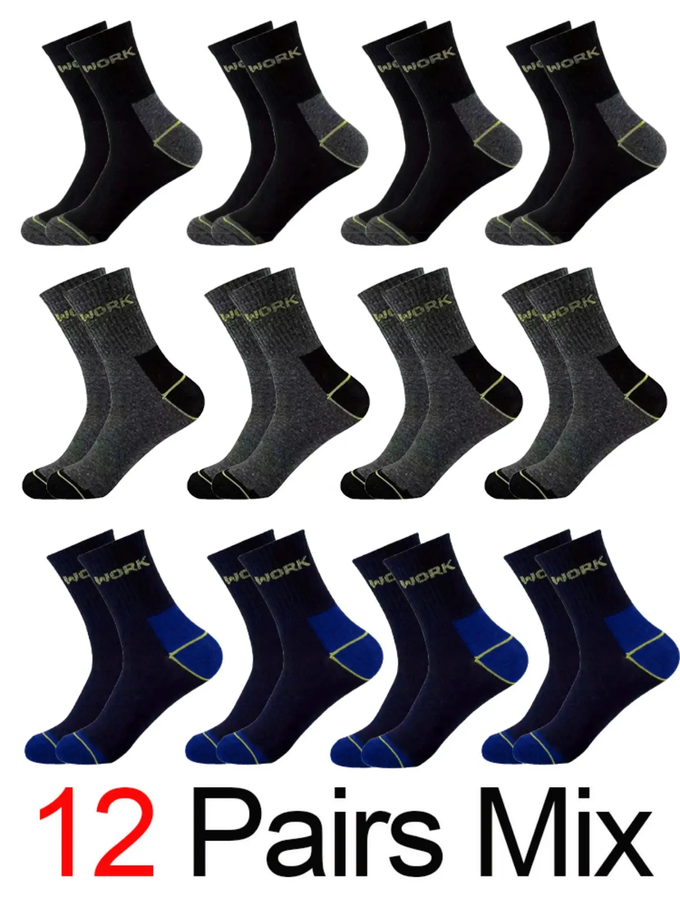 12 Pairs Men's Work Socks, Durable and Comfortable, Ideal for Daily Wear, Perfect Gift for Men, Sizes 36-42, Sporty Style, Calf High, Sock Set
