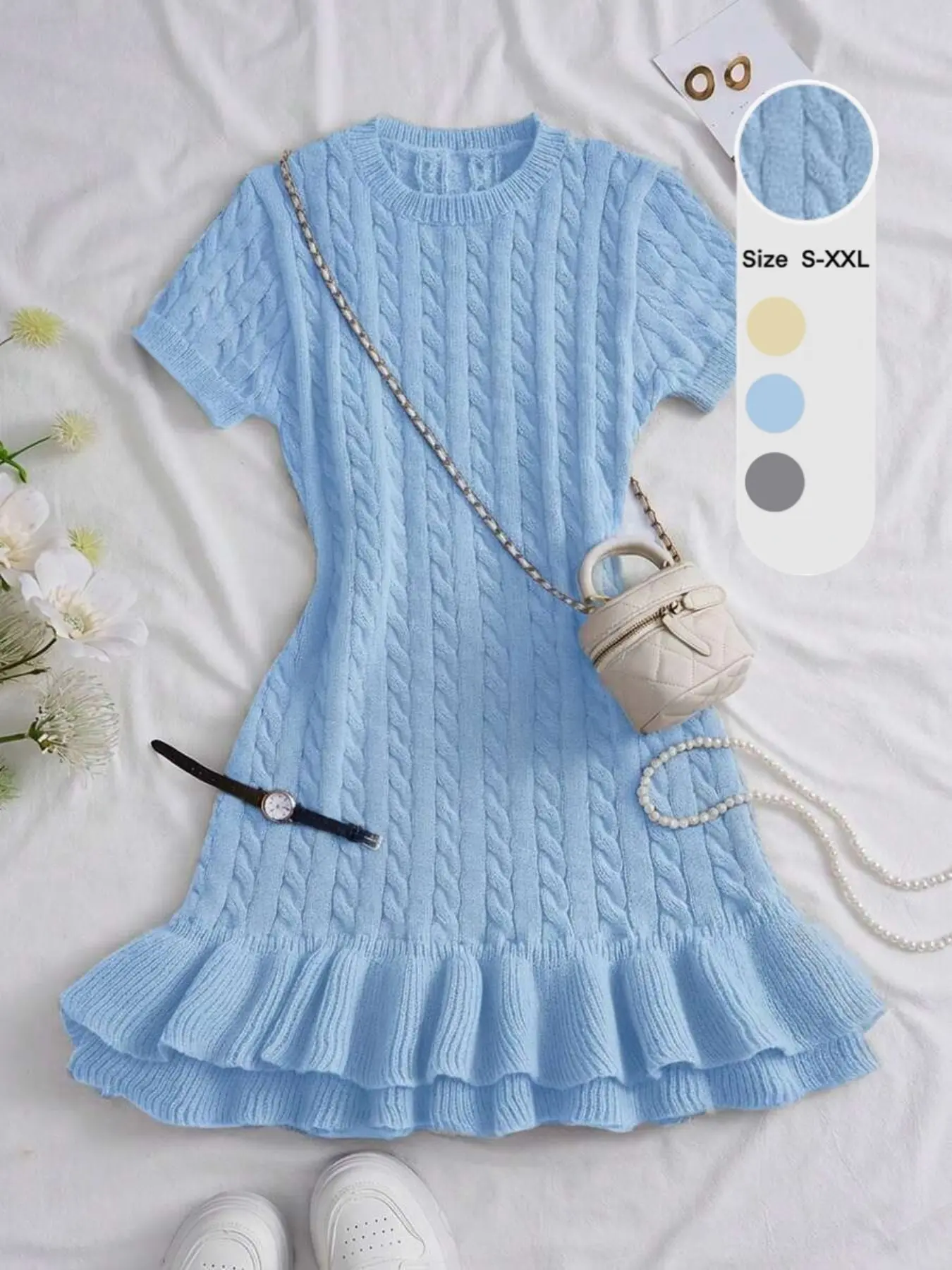 Trendy Short Sleeve Knit Dress for Women, Summer New Round Neck Bodycon Cut Slim Fit High-End Style, Unique Design Cable Texture Elegant Casual Dress, Casual Wear, Womenswear, Aesthetic