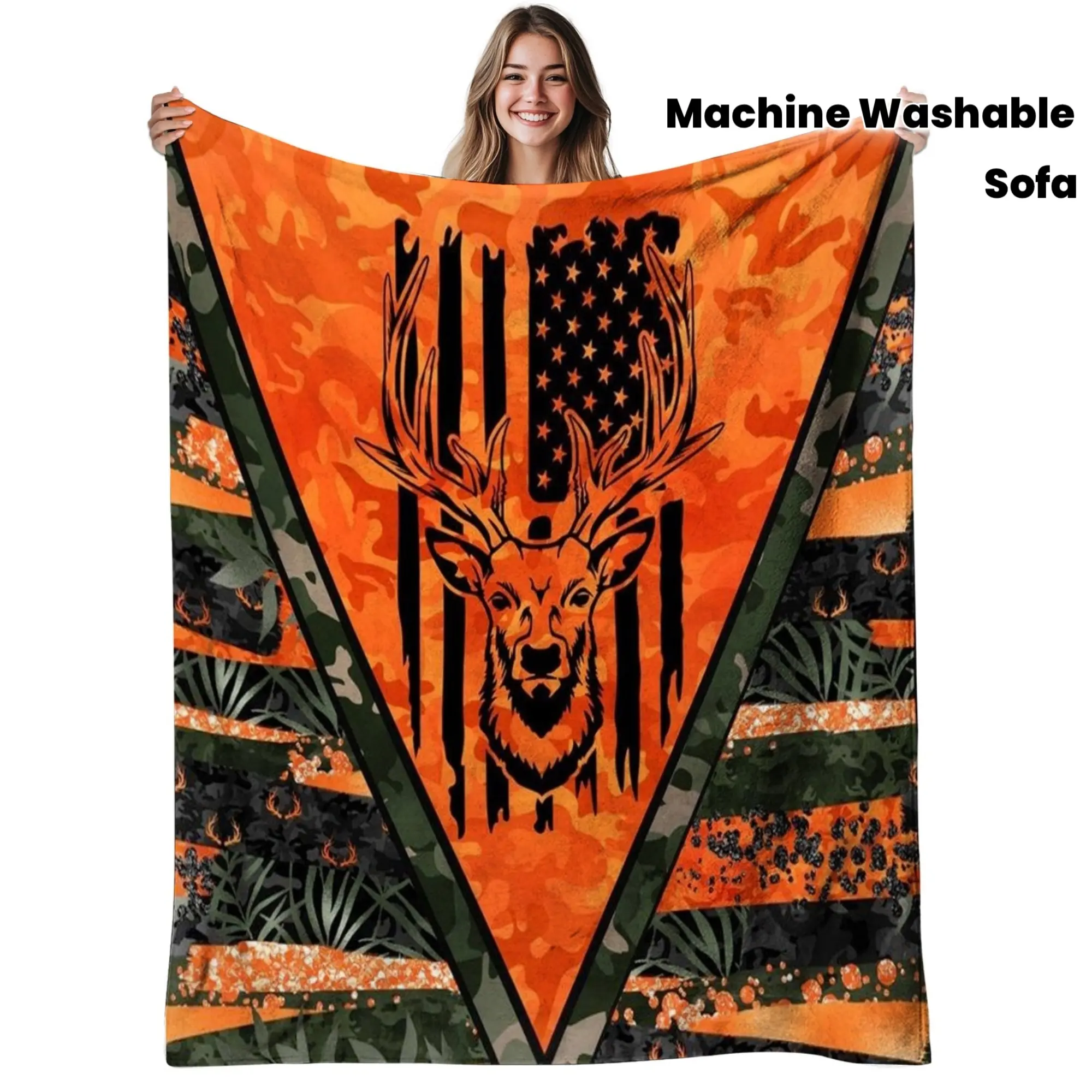 American Flag Camo Flannel Blanket with Deer & Antlers 280gsm Soft Warm Reversible Camouflage Throw for Bed Sofa Living Room Machine Washable Farmhouse Lodge Decor for Autumn Christmas