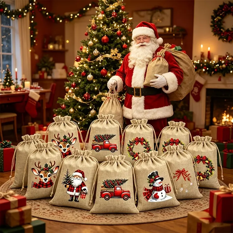 A Christmas brown paper gift bag for her/him, 12 pieces in a pack, 5.9 x 3.9 inches, reusable drawstring bag, 5 different Christmas-themed designs randomly dispatched, suitable for Christmas party gifts, birthday gifts, and Christmas tree decorations