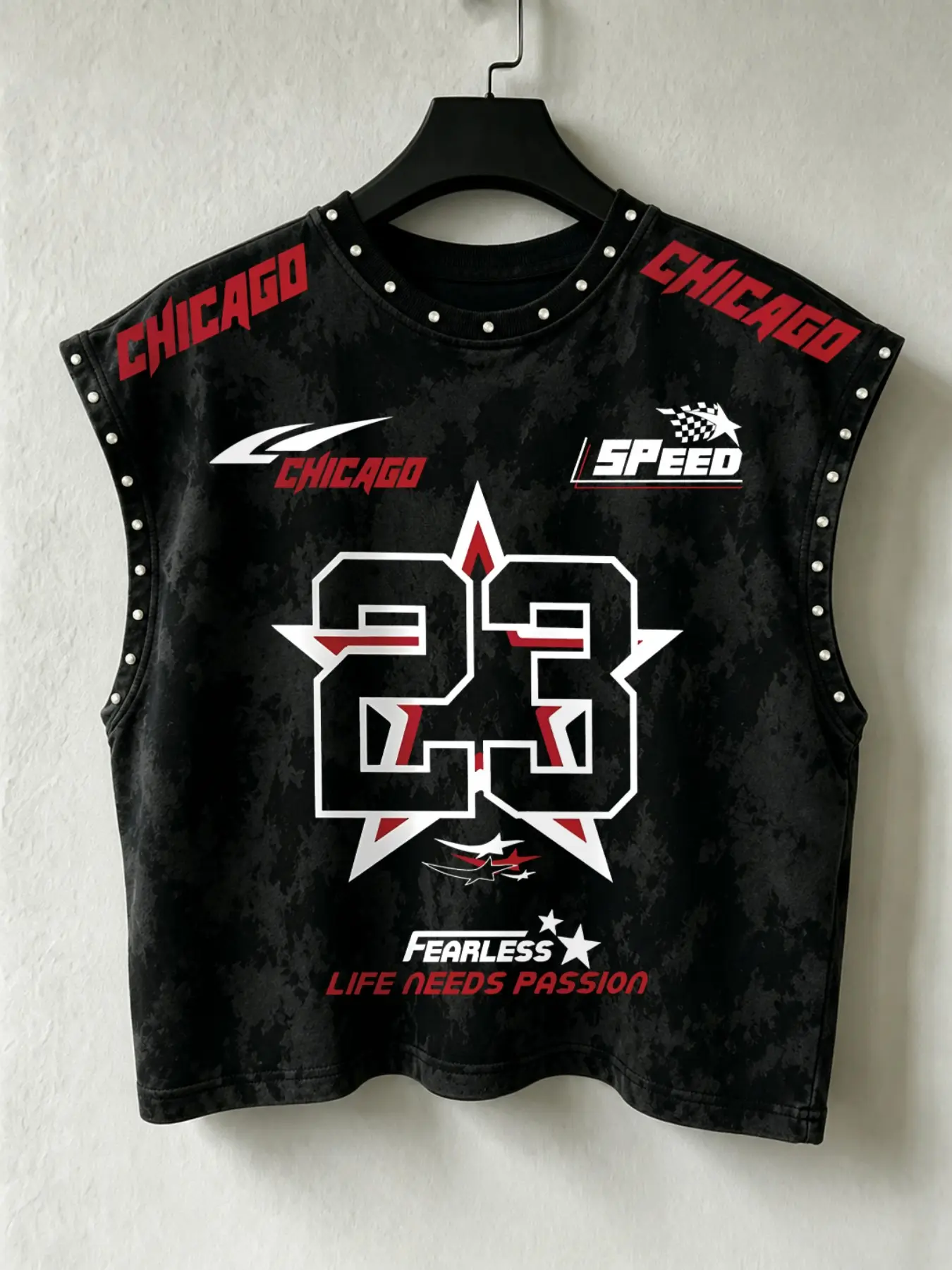 Men's Sleeveless T Shirt Racingcore Style Star Number Graphic Printed Studded Detail Extended Shoulder Muscle Tee for Male Streetwear Tops