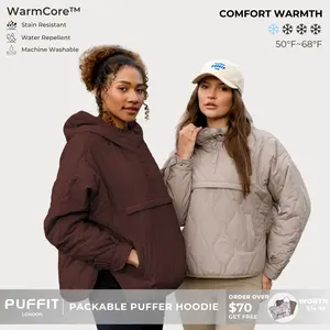 PUFFIT WarmCore Premium Women's Packable Baggy Fall Puffer Hoodie Coat Comfortable Quilted Lightweight & Warm Womenswear Water Repellent and Stain-Resistant Jacket Outerwear with Large Pocket,Plus Size Fit Spring,Dog Walking,School Running,Football Mum