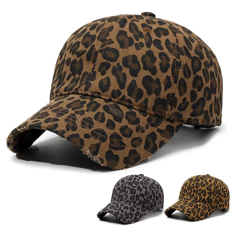 Women's Vintage Distressed Leopard Print Twill Baseball Cap - Adjustable Size UV Protection Hat with Curved Visor, Frayed Brim, Soft Breathable Fabric - Outdoor Wear Sports Accessory for Casual Outings, Accessories for Women
