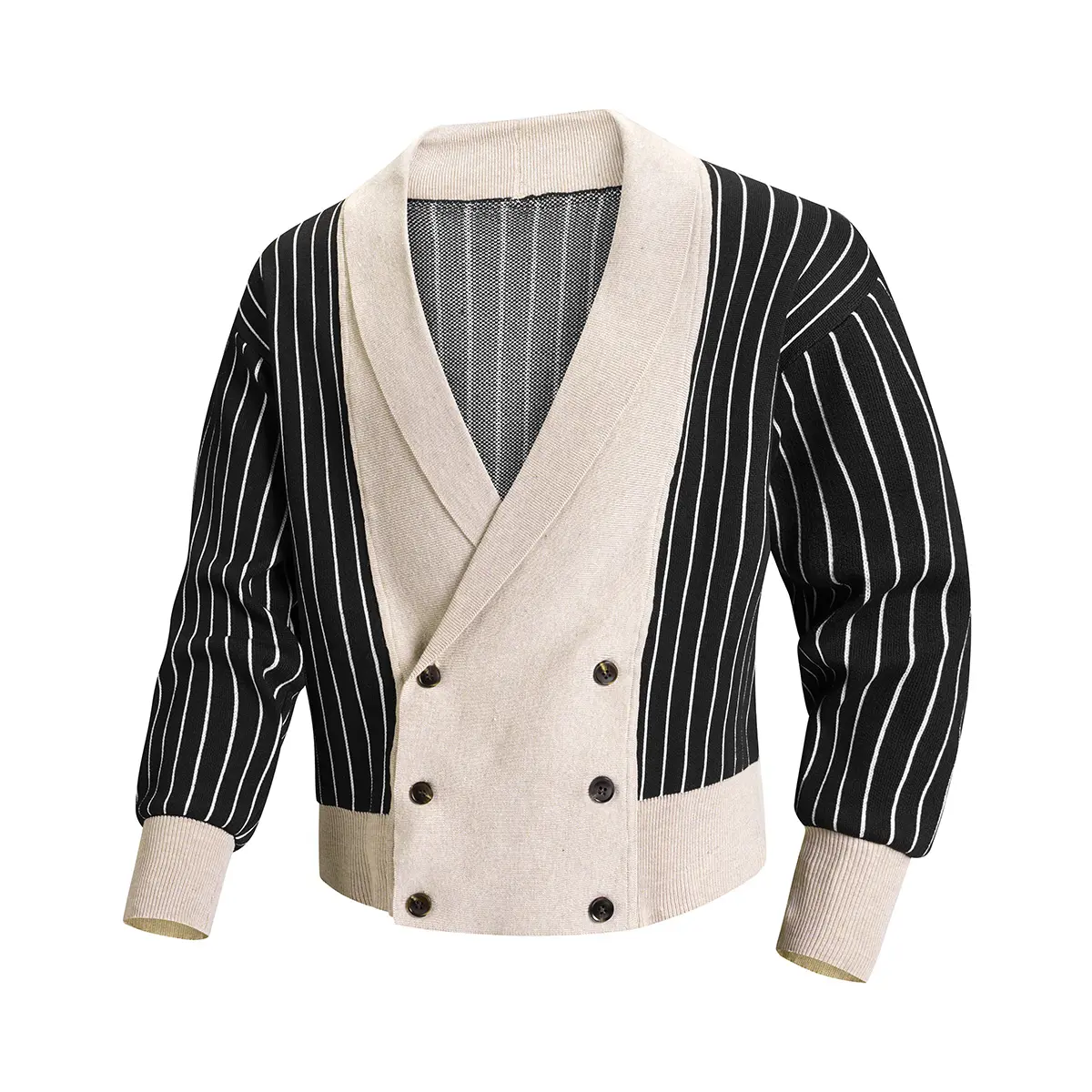 Men's Double-Breasted Striped Cropped Knit Cardigan - Polyester Color Block Vertical Stripe, Shawl Lapel V-Neck Long Sleeve, Loose-Fit, Contrast Patchwork Button-Down, Warm & Cozy Medium Length, Machine Washable for Spring Autumn Chic Casual Menswear