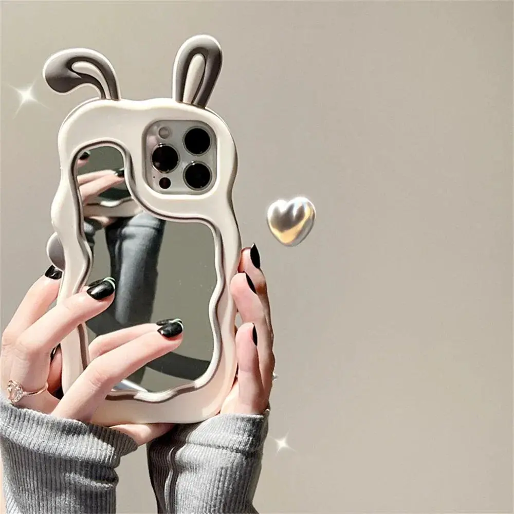 Cute Rabbit Ears Mirror Back Silicone Phone Case for iPhone 16,15,14 Plus,13,12,11 Pro Max - Shockproof, Anti-Fingerprint, Dust-Proof, Wear-Resistant Mobile Phone Accessories, Multi-Model