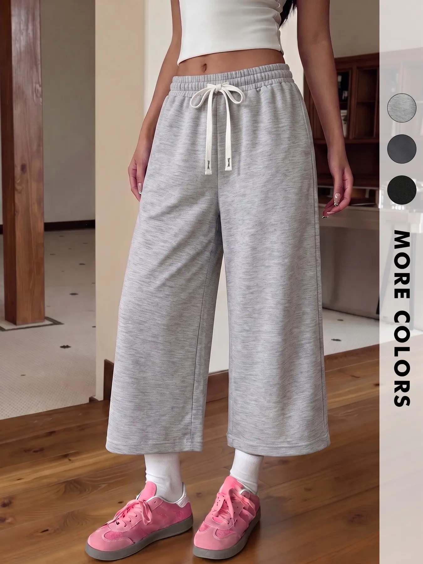 3 Colors Heather Grey Black Charcoal Drawstring Elastic High Waist Wide Leg Capri Sweatpants Women Soft Knit Loose Flow Calf Length Cropped Jogger Minimalist Daily Coffee Campus All Season Casual Comfy Baggy Lounge Bottoms #caprisweatpants #heatherjoggers