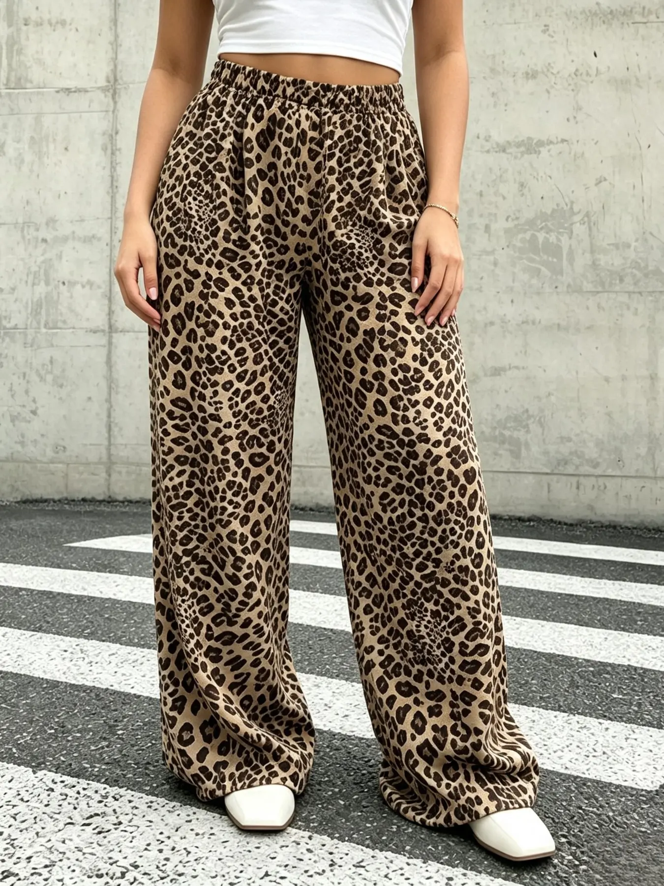 Plus Size Women's Leopard Print Wide Leg Pants, High Waist Loose Fit Long Pants, Casual Street Style, All Seasons Wear
