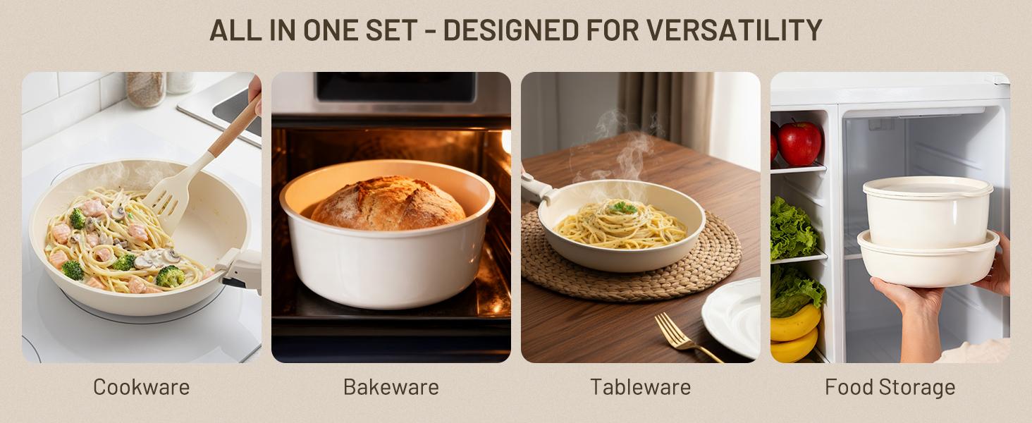 Nonstick Pots and Pans Set - Ceramic Cookware Set with Detachable Handle - 25 Pack Healthy Pans Set for Cooking - Stackable for RV Kitchen, Induction Ready - Dishwasher and Oven Safe