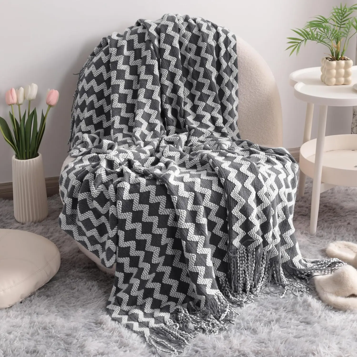 Knitted Throw Blanket, Lightweight and Soft Cozy Decorative Woven Blanket with Tassels for Travel, Couch, Bed, Sofa, 51x67 Inches, Grey Wave