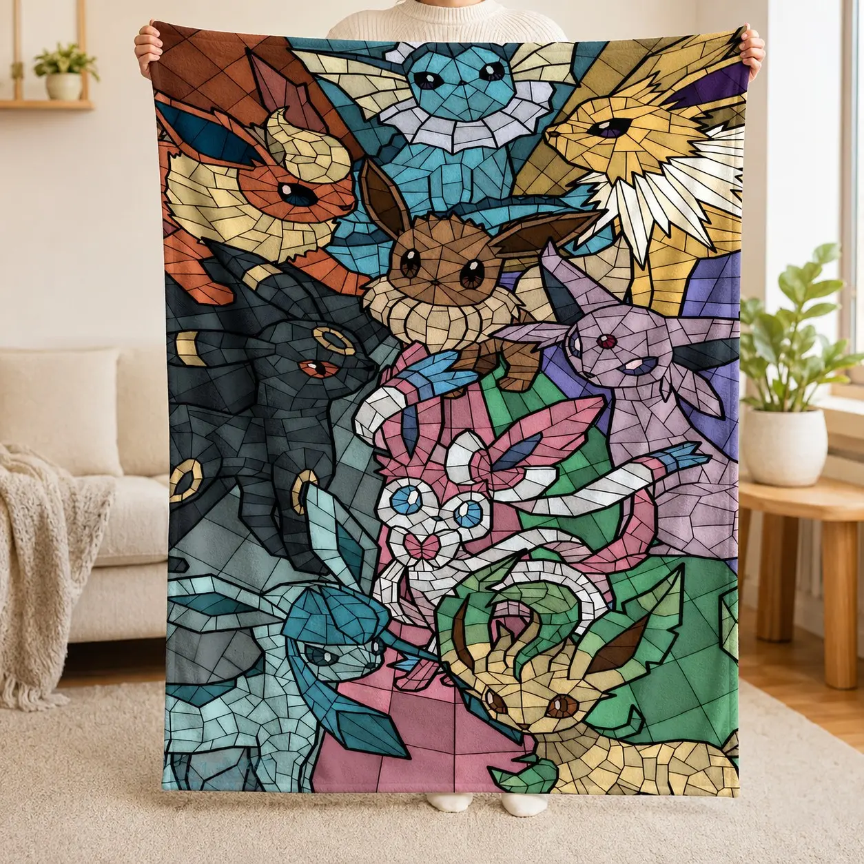 Stained Glass Mosaic Pokemon Eevee Evolutions Flannel Fleece Throw Blanket, All Eeveelutions Anime Game Print, Soft Warm Blanket for Sofa Bed Couch, Pokemon Fans Gift Home Decor Nap Throw