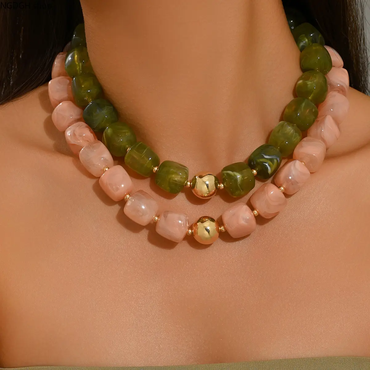 Women's Gold-Tone Chunky Layered Statement Chain Necklace with Green & Pink Stone Beaded Chains - Casual Style Necklaces for Daily Wear, Party & Sports Outdoor Complement Elegant Jewelry