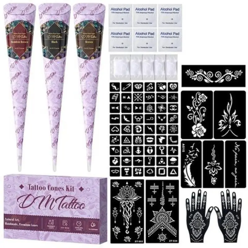 Temporary Plant-Based Tattoo Paste Set, Waterproof Hand-Painted Body Henna Tattoo Set, Body Paint Henna Cones Kit