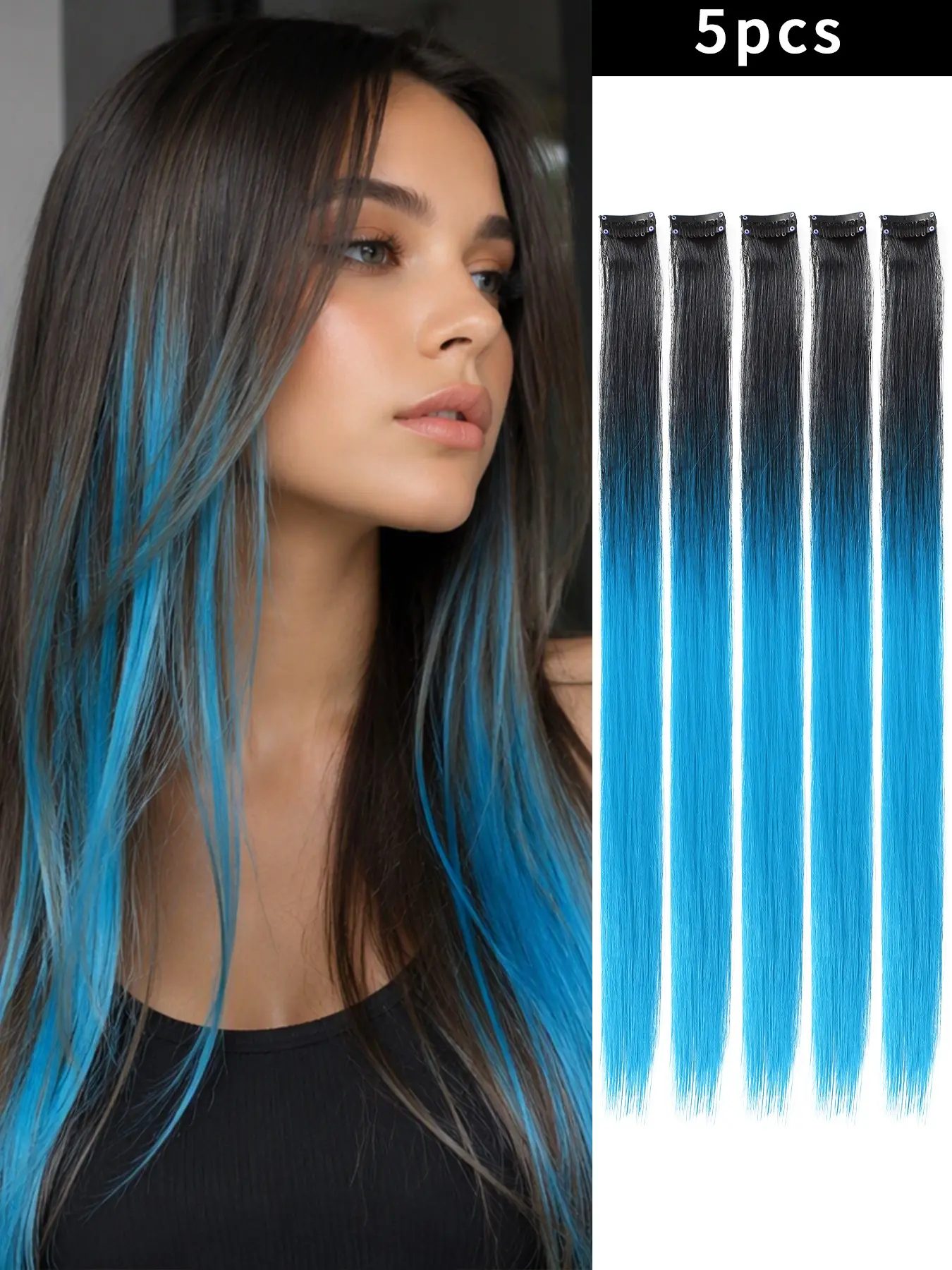 20-Inch Clip-in Straight Hair Extensions (5-Piece Set) – Black Mixed with Sky Blue Highlights; Synthetic Straight Hairpieces for Women and Girls – Ideal for Halloween Cosplay, Parties, and Christmas Gifts