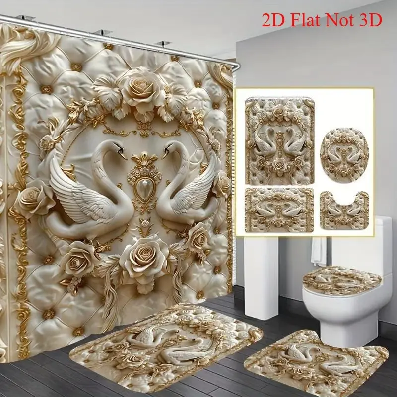 Swan Pattern Bathroom Decorations, 4 Counts/set Decor Set Including Decorative Shower Curtain, Toilet Lid Cover, Mat and U-Shaped Mat, Restroom Bathroom Accessories, Shower Curtain Sets, Shower Curtain Set For Bathroom