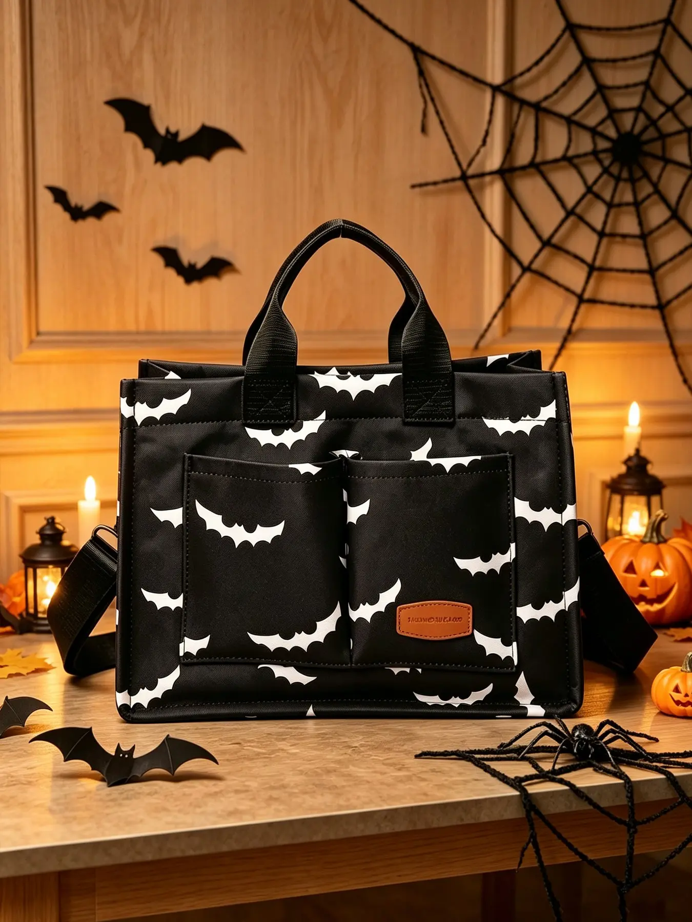 Women's Halloween Bat Pattern Canvas Crossbody Bag, Large Capacity Multi-Pocket Portable Shoulder Bag, Fashionable Crossbody Bag for Daily Use, Everyday Crossbody Shoulder Bags