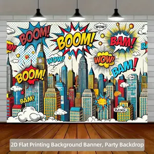 2D Flat Polyester Superhero Comic City Background Cloth, Pop Art Style, Nyc Landmarks, Boom Bam Wow Sound Effects, Retro Cartoon Texture
