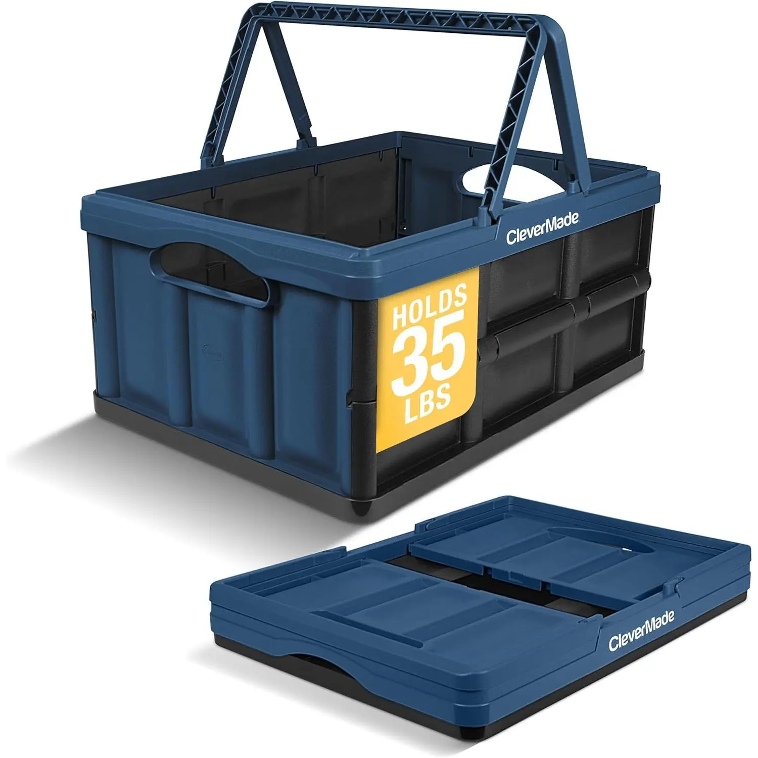 Collapsible Shopping Basket 32L – Folding Grocery Basket with Handles, Stackable Reusable Storage Crate with 35 lb Capacity, Recycled Plastic, Car Trunk Organizer - Ocean Blue