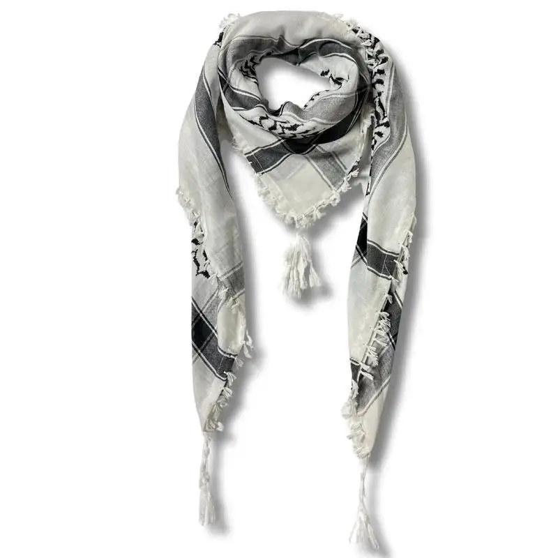 Authentic Palestinian Keffiyeh Cotton Square Scarf, 47x47in Handmade Casual Fashion Accessory with Sharshoba Embroidery, Fringe Trim Shawl, Tassel Decor Shawl, Machine Washable