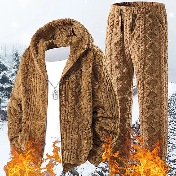 Men's two-piece fleece sports outfit, featuring a zipped hooded jacket and long pants, made of textured fleece fabric with drawstring waist design. Warm and comfortable, suitable for daily wear in autumn and winter.