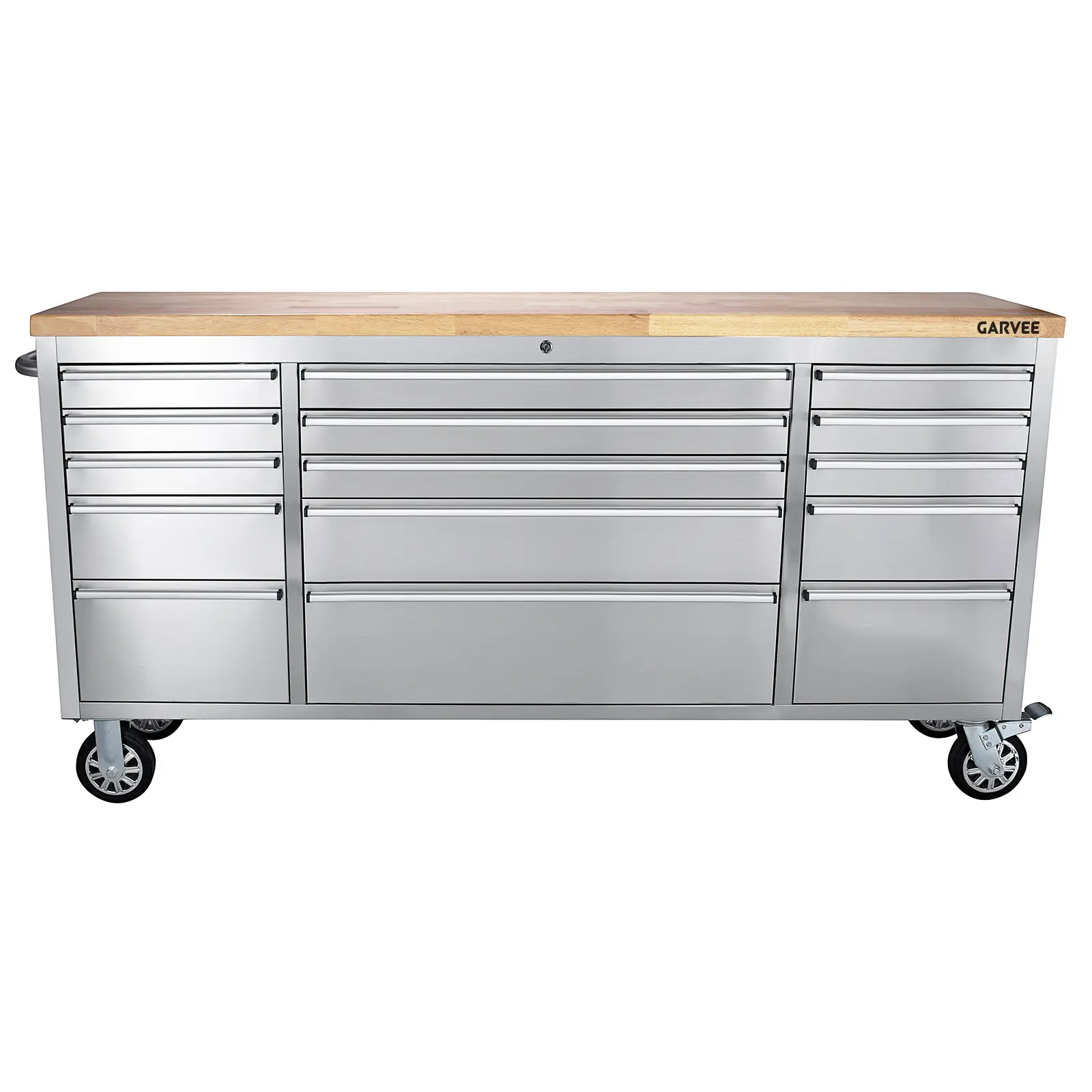72 Inch Heavy-Duty Rolling Tool Cabinet, Mobile Workbench with 15 Drawers, Locking System, Reinforced Steel Frame & Rubber Wood Top, Smooth Swivel Casters Secure Tool Storage Chest for Garage, Workshop, Job Site Use