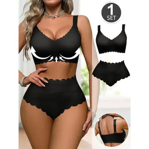 QUASTI Women's High Waist Lingerie Push Up Set, Wireless emovable Pads Seamless Scallop Edge Criss Cross Bra & Panty Set, Soft Supportive Comfortable Everyday Intimates S-XXL