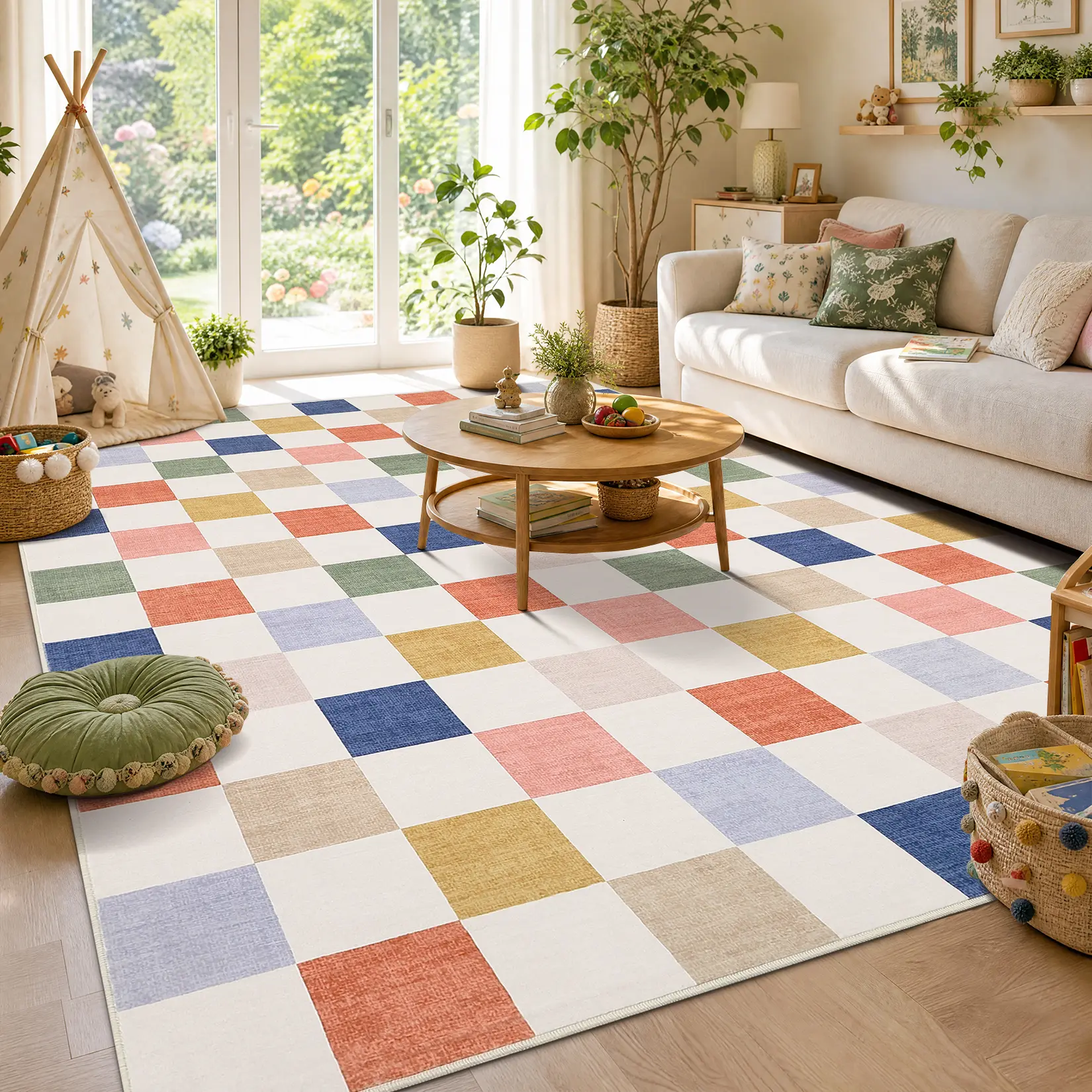 Bohemian Geometric Checkered Area Rug, Ultra-Thin Low-Pile Soft Non-Shedding Non-Slip Machine Washable Indoor Decor Rug for Living Room, Bedroom, Dining Room, Kids Room and Entryway mat playroom