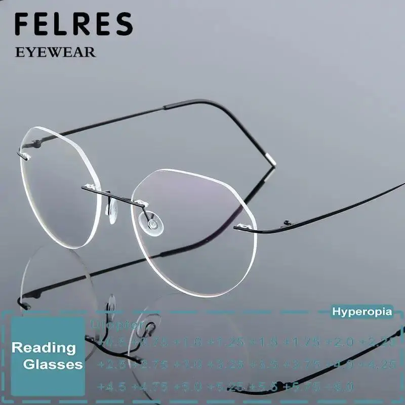 Rimless Titanium Alloy Polygon Anti Blue Light Reading Glasses Men Women Memory Metal Boundless Prescription Optical Glasses