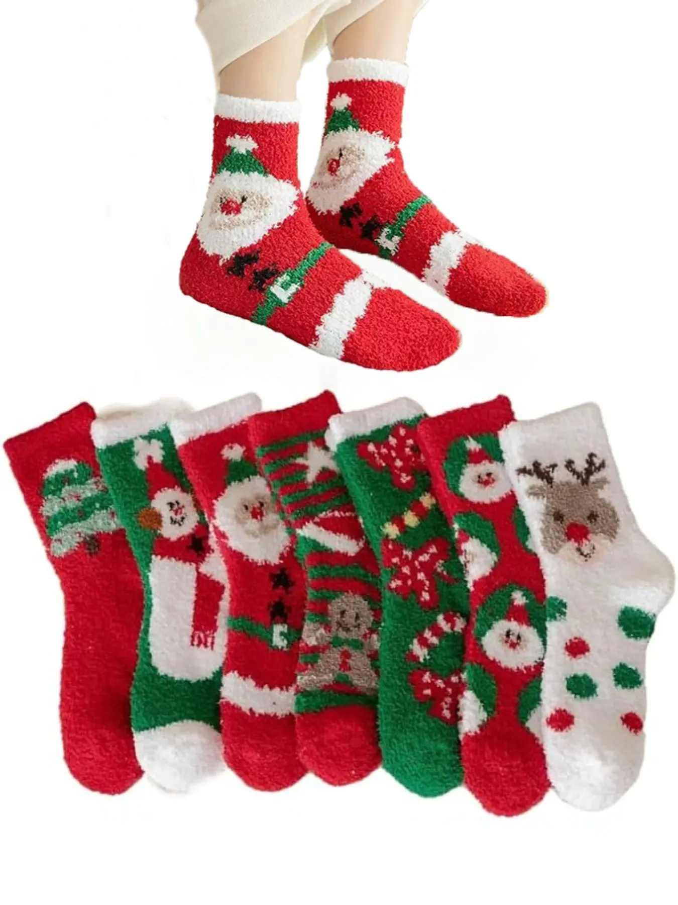 7 Pairs Women's Christmas Plush Socks, Reindeer Santa Tree Pattern, Cute Multicolor Mid-Calf Socks, Soft Warm Long Fluff Socks