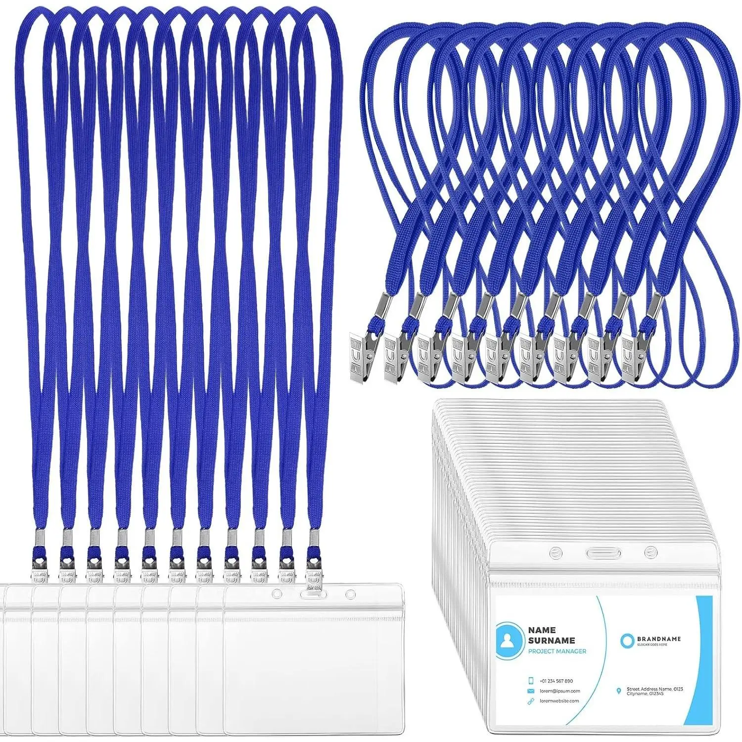 100 Sets Clear Name Badge Holders with Lanyards - Reusable Plastic ID Badge Tags with Strap for Adults, Business, School, Church, Conference (Blue)