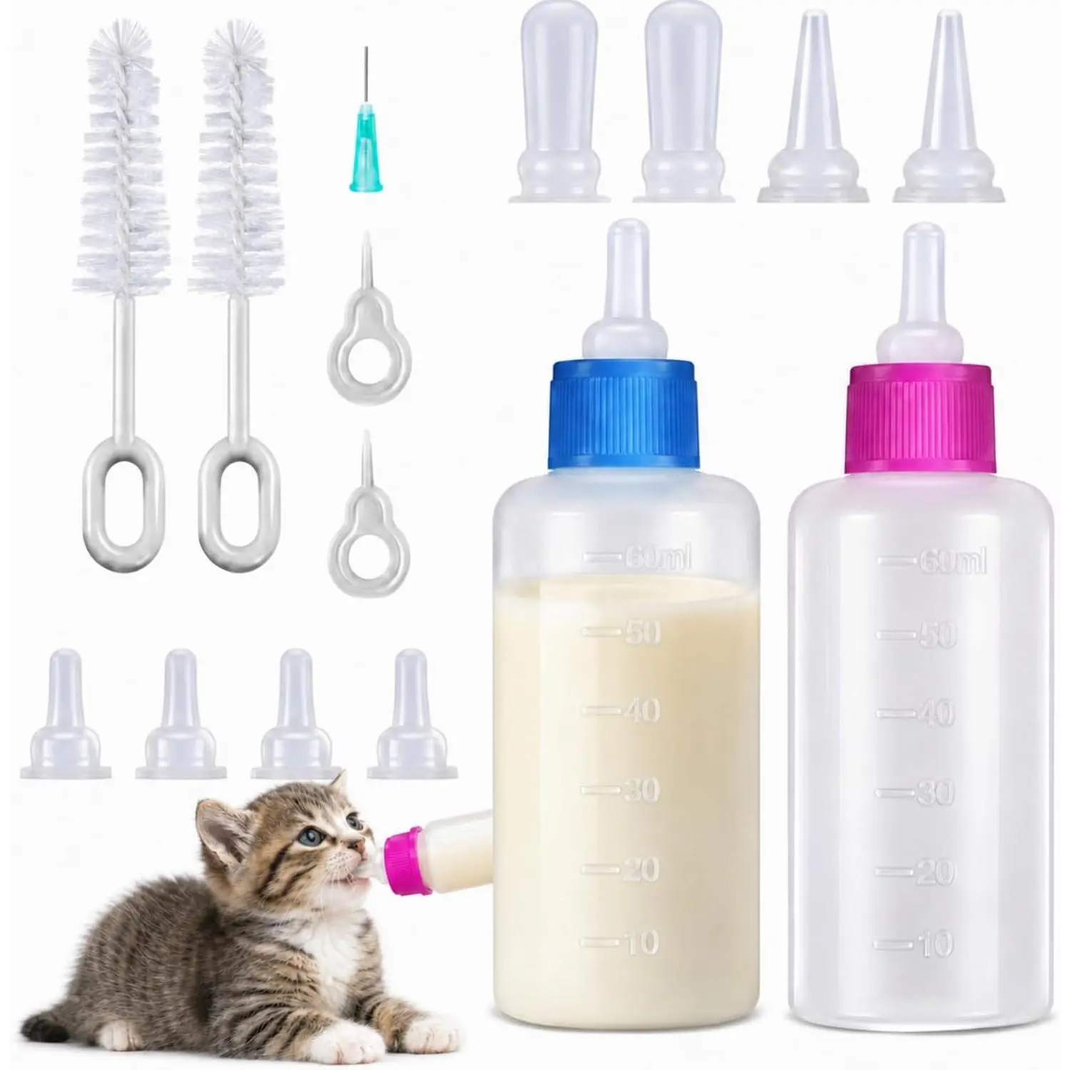 17Pcs Pet Nursing Kits Set Pack, Puppy Kitten Milk Bottles, Nipples, Clean Brushes, Needles for Newborn Rabbit Ferret Feeding Supplies, Plastic