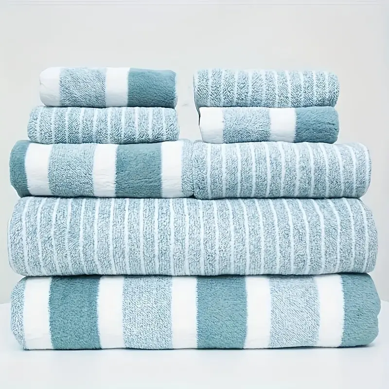 8 Piece Soft Coral Fleece Stripe Towel Set, 2 Bath Towels + 2 Hand Towels + 4 Face Cloths, Quick Dry, Ideal for Bathroom, Travel, School, Striped Towels