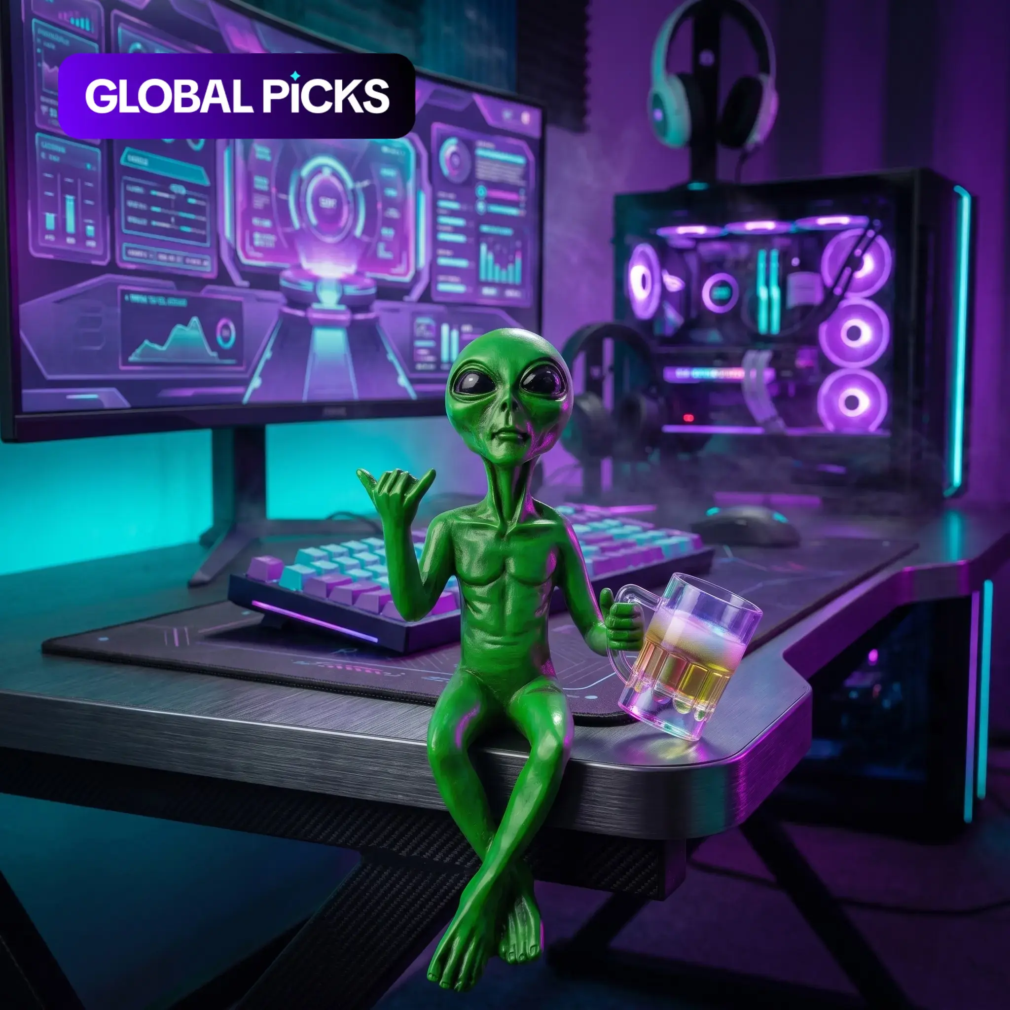 Alien Design Beer/Wine Drinking Statue, Resin Figure, 1 Box Fun Humorous Outer Space Decor, Alien Figurine Ornaments with Mug, Gift for Sci‑Fi Fans, Creative Ornament #GLOBAL PICKS