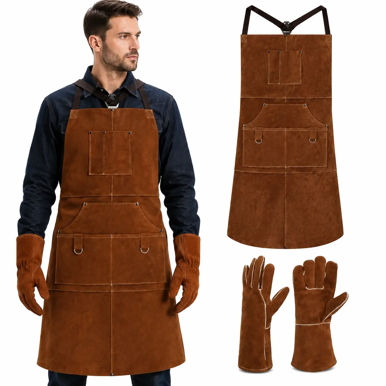 Tough Leather Welding Apron + Gloves & 6 Pockets! Fireproof, Adjustable, Fits Most – Perfect for Workshop, BBQ, Garden – Great Gift for Dad or Mom (Brown)