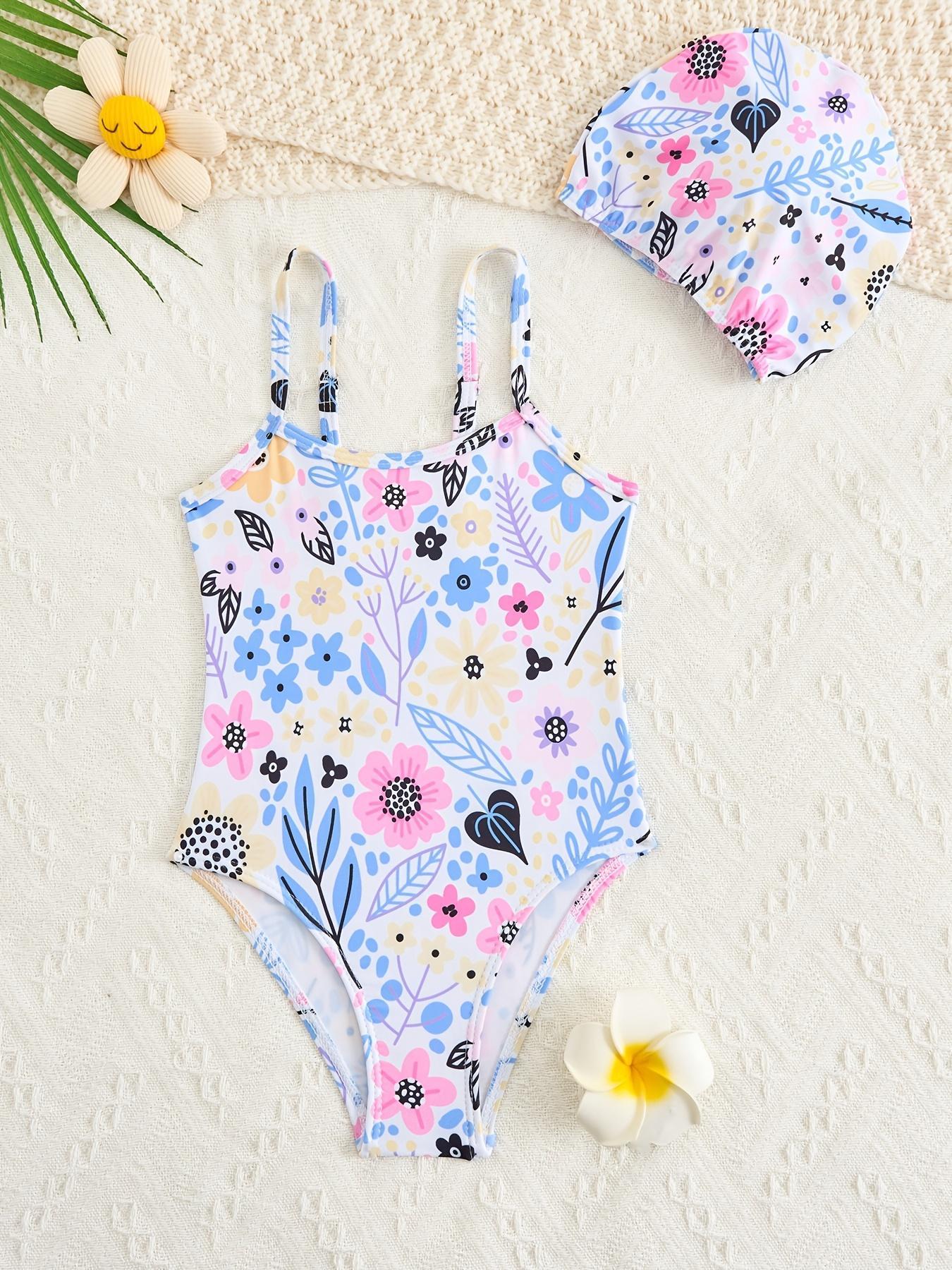 Girl's Floral Print One-piece Swimsuit & Swimming Cap, Cute Casual Swimwear Set for Beach Holiday Vacation, Kids Swimsuit for Summer